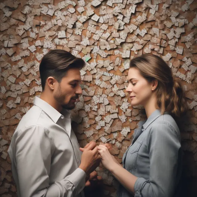 A married couple discusses their options as they sort and connect jigsaw puzzle pieces symbolizing married filing jointly, married filing separately, and widower.