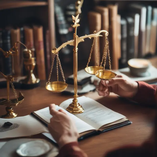 A self-employed individual managing their taxes with the help of business deductions, represented by a golden scale and an open book.