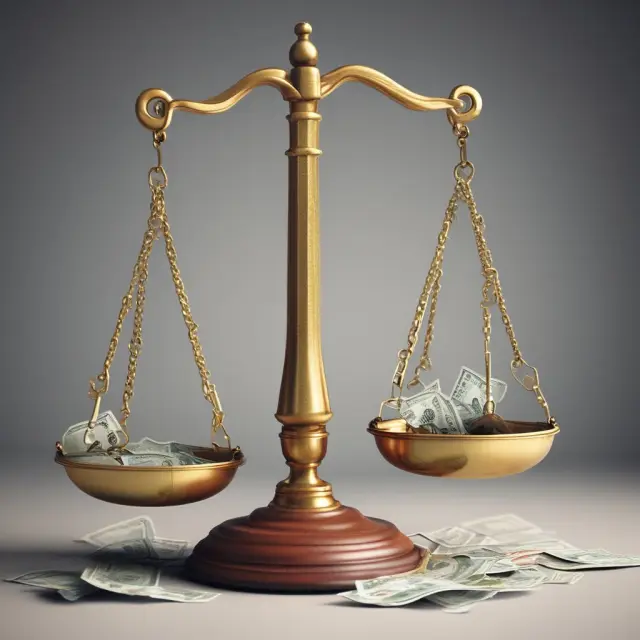 Scales with a consumer on one pan and state government on the other represent sales taxes. Consumer goods symbolize taxable items, while coins illustrate revenue generated for states.
