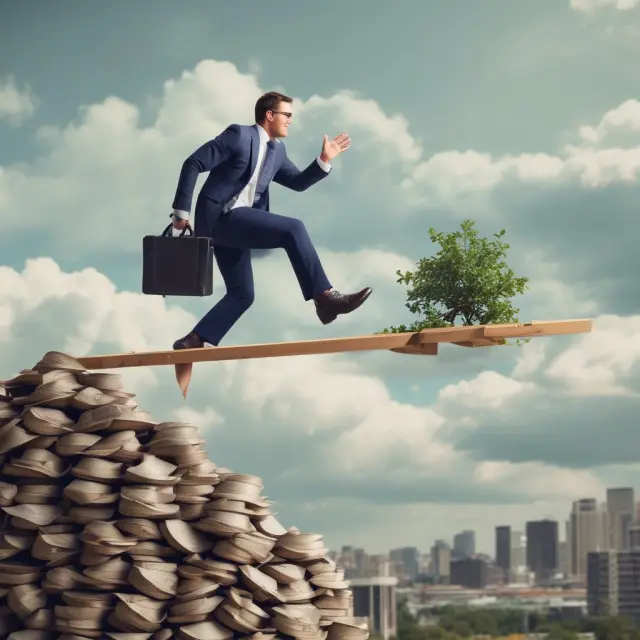 An investor constructing a portfolio atop a see-saw, balancing capital gains taxes and tax-exempt investments while employing tax loss harvesting strategies.