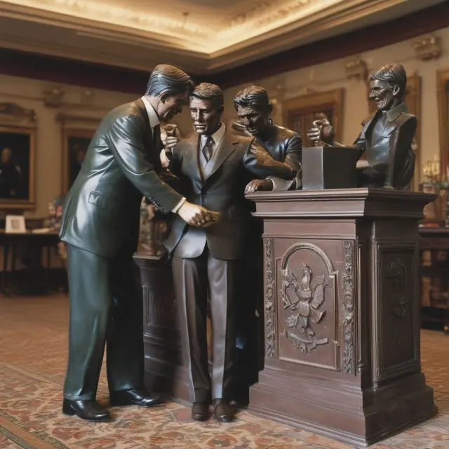 An artisan crafts figures representing individuals and businesses, symbolizing the changes brought about by the Tax Reform Acts of 1986 and 1993 under Clinton and Reagan