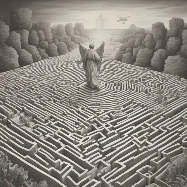 Taxpayer in maze with forms, guided by helpful angel