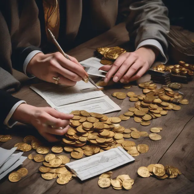 A person carefully examines piles of gold coins and important documents, finding valuable tax credits.