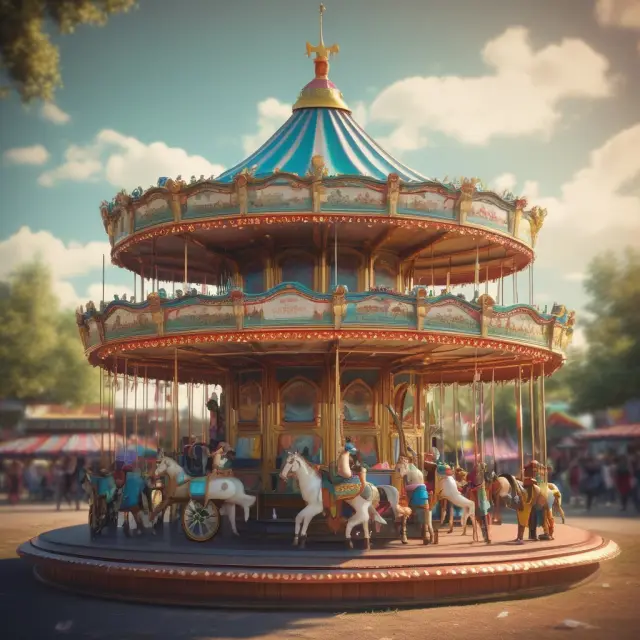 A colorful carnival merry-go-round filled with whimsical forms: Forms 1120, 1065, and Schedule C. Businesses ride this roundabout to file their income tax returns.