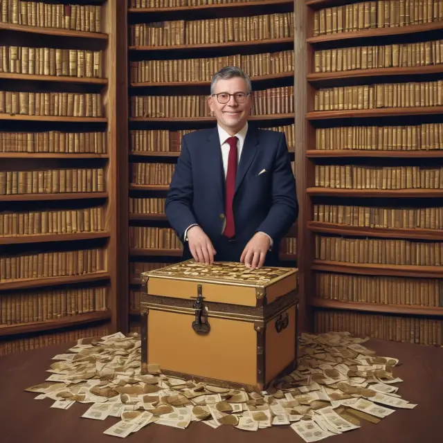 An archivist carefully guarding gold-colored tax returns in a chest, symbolizing safekeeping and record keeping for future reference