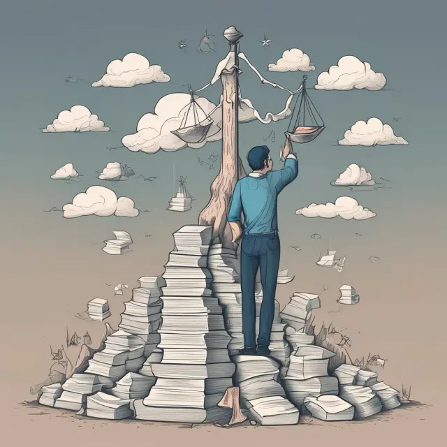 A person carefully sorting through documents atop a mountain, weighing financial information and maintaining balance to prevent common tax return mistakes.