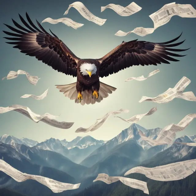 An eagle flying above a pile of tax documents with retirement accounts, charitable donations, home office expenses, and education savings plans