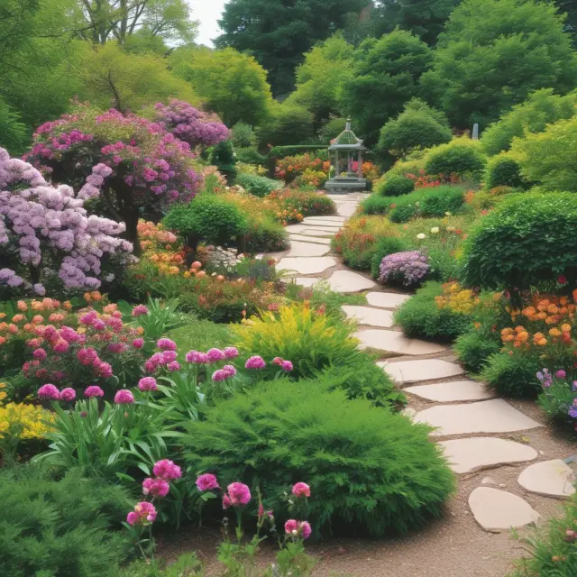 A lush garden with six distinct flowers representing tax shelters: retirement accounts, foreign investments, municipal bonds, mutual funds, real estate, and conservation easements.