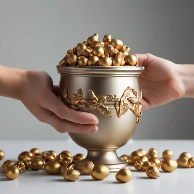 Golden acorns flowing into an urn labeled