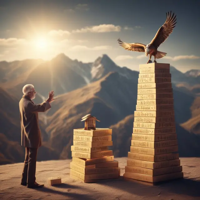 A person constructing a golden tower with