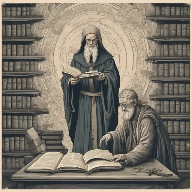 Mystical librarian helping a person navigate ancient tax tables for knowledgeable tax planning
