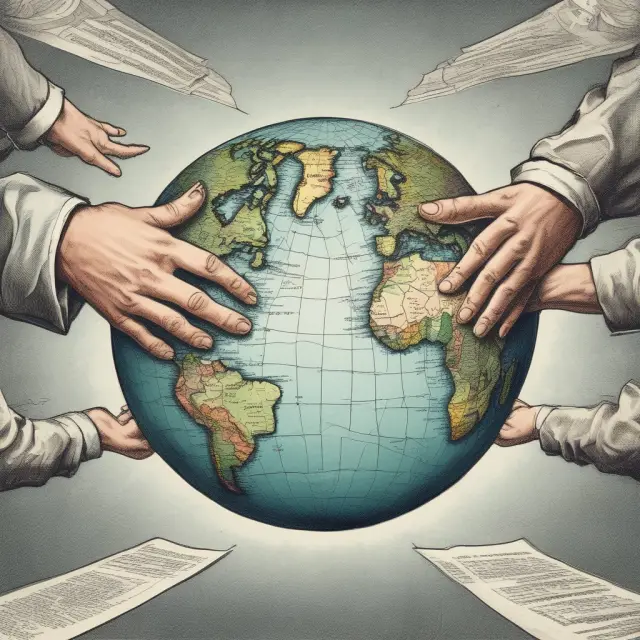 Two hands symbolizing countries sharing a globe, connected by tax treaties creating a bridge to prevent double taxation