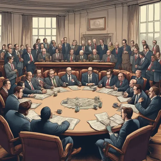 A scene of negotiating tax bulls and bears discussing the resolution of double taxation issues at a roundtable