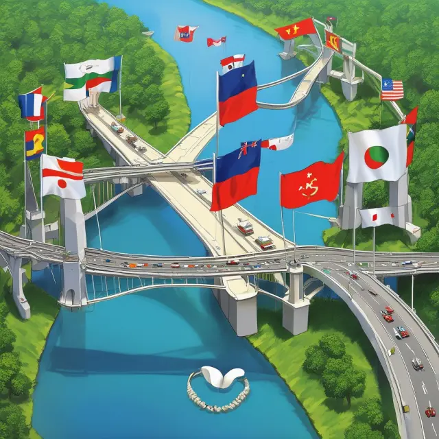 Bridge connecting countries, each bearing tax treaty symbols. Symbolizes international financial cooperation and prevention of double taxation.