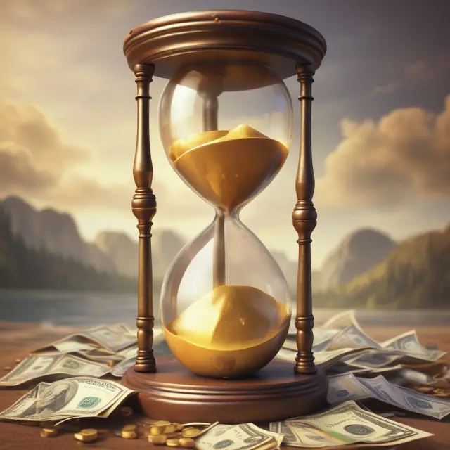 A golden hourglass filled with mortgage-backed securities flowing through a narrow passage, representing the forward settlement process in TBA trades.