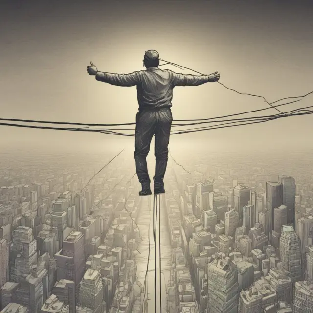 A person walking on a tightrope balances mortgage-backed securities, symbolizing the mitigation of interest rate, counterparty, liquidity, and operational risks in TBA trading