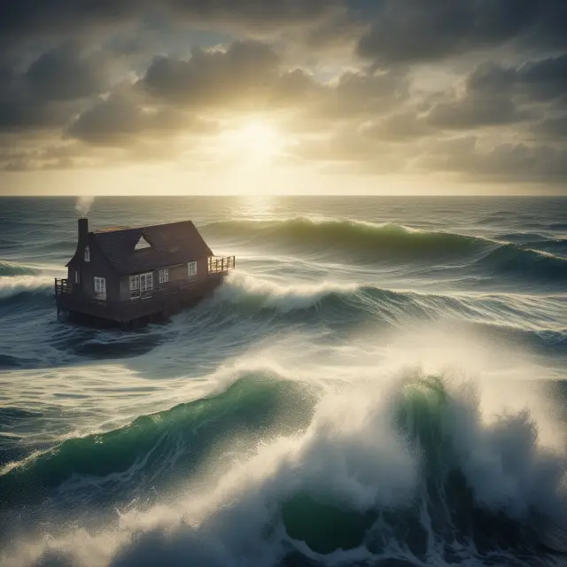 A serene sea with waves of mortgage-backed securities interacting with the economic landscape, altering interest rates and impacting inflation