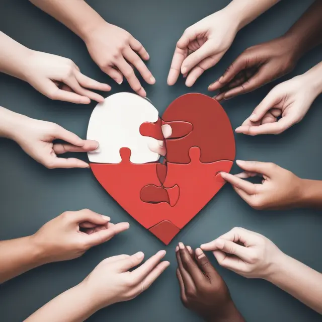 Two intertwined hands assembling a heart from jigsaw puzzle pieces, symbolizing TBE
