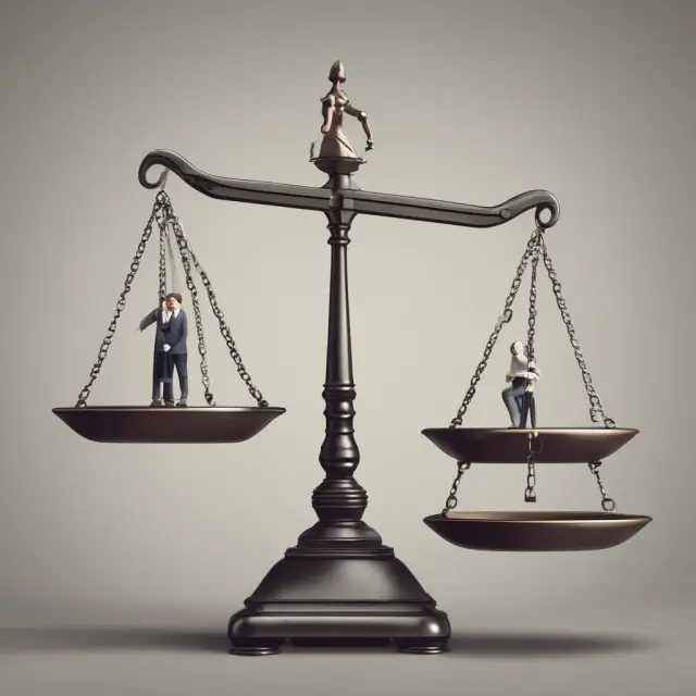 Two spouses standing before their property on a scale, with invisible weights of federal tax liens impacting the balance