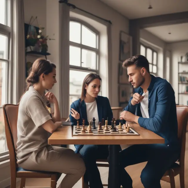 Married couple sitting at a chessboard, contemplating the benefits and drawbacks of tenant-by-entirety for property ownership