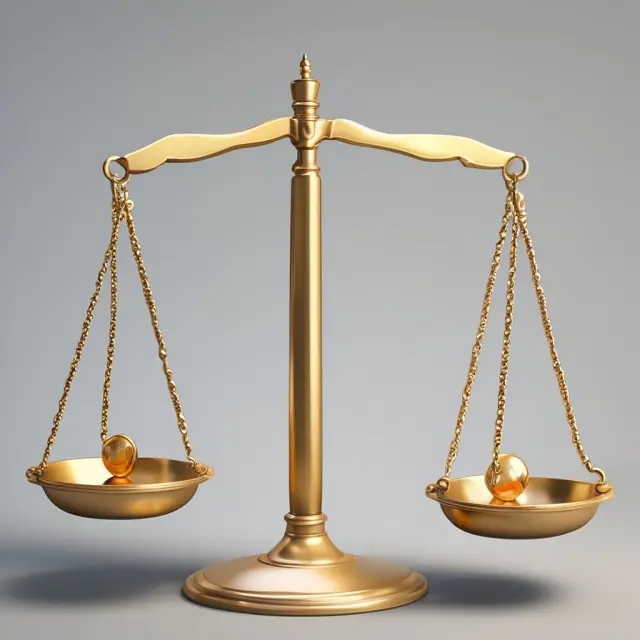 Golden scale weighing tangible assets (represented by weights) against intangibles, displaying a balanced financial situation.
