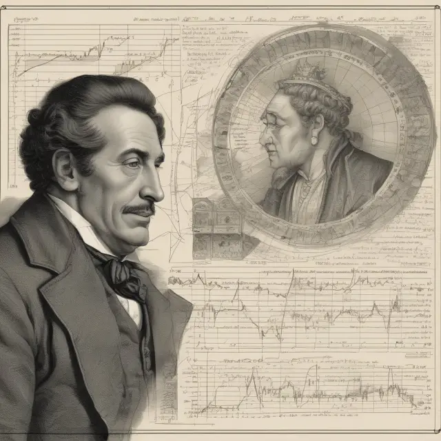 Visualizing the evolution of technical analysis from European origins to modern-day adoption, featuring key figures like Charles Dow, William P. Hamilton, and influential charting techniques.