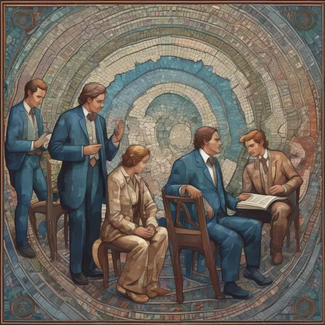 Traders examining intricate mosaic of technical indicators: moving averages, RSI, MACD, Stochastic Oscillator, and Bollinger Bands
