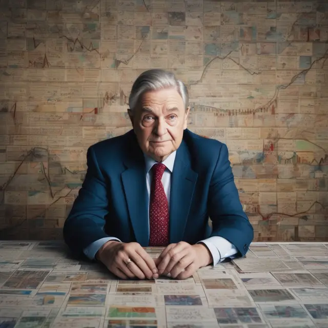 George Soros examining an intricate mosaic of financial charts, representing reliable technical analysis for institutional investors.