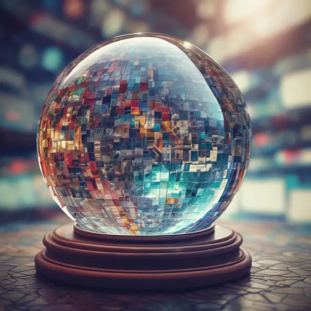 An intricate mosaic consisting of various technical indicators symbols, reflecting market trends and future predictions in a crystal ball