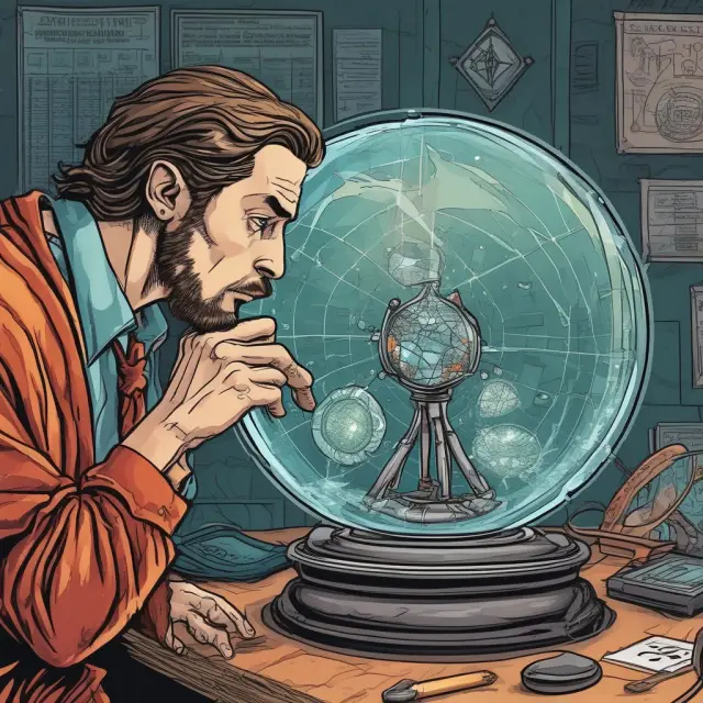 Oracle analyzing various charting tools and patterns within a crystal ball to predict price movements