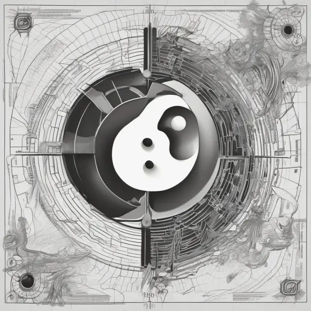 A yin-yang symbol with technical analysis represented by the dark side (charts, indicators, sentiment), and fundamental analysis by the light side (financial statements, economic conditions).