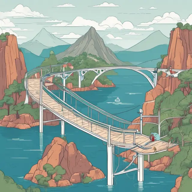 Bridge with skill pillars symbolizing seven in-demand technical skills: programming, project management, data analysis, information security, design, content creation, and accounting