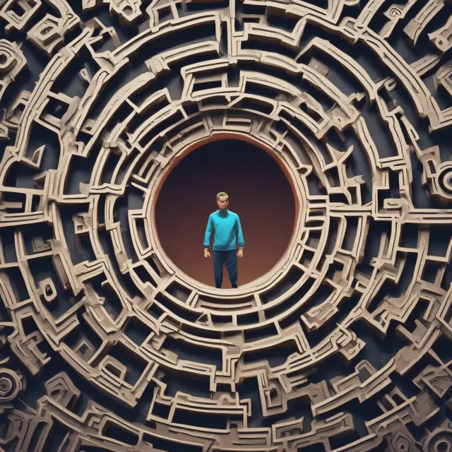 Person in a maze of gears, symbolizing the complexity and challenge of navigating aptitude tests