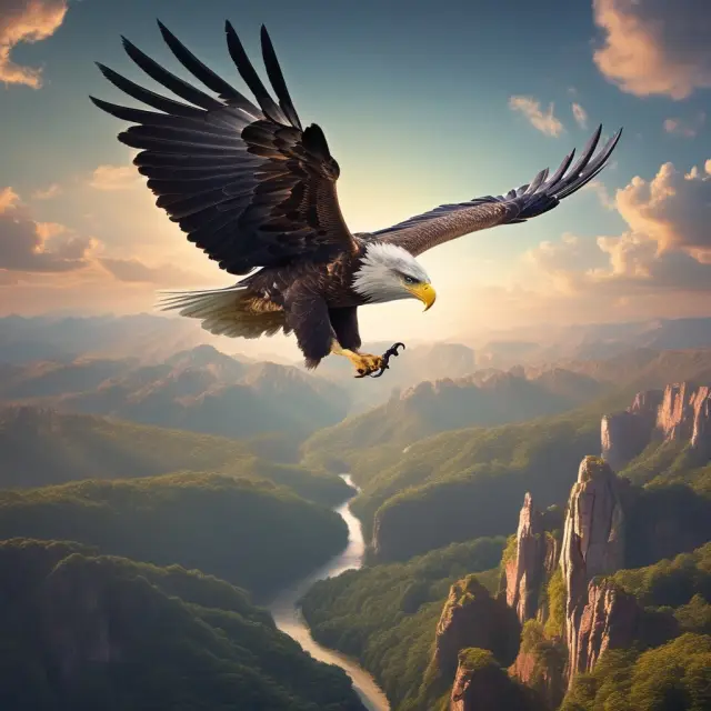 An entrepreneurial eagle flying above a diverse landscape of interconnected gears, representing the importance of technical skills for freelancers and entrepreneurs in a constantly evolving economy.