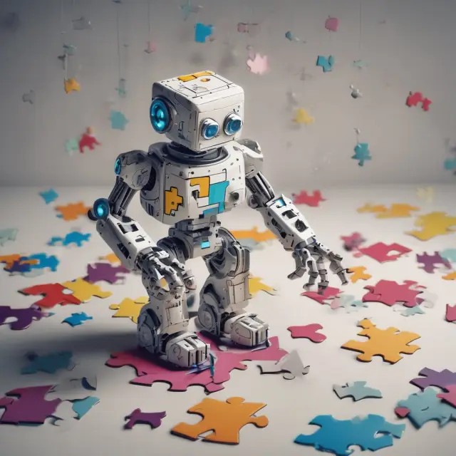 A robotic figure puts together puzzle pieces representing programming languages, data analysis, design, and other in-demand technical skills