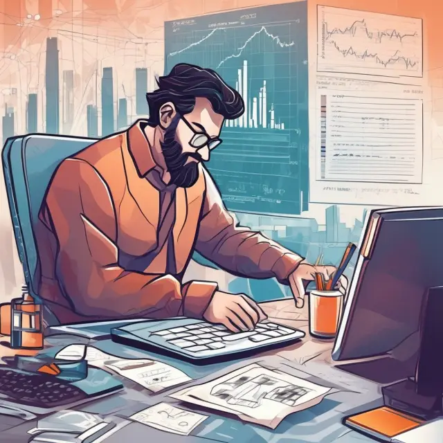 A finance expert sitting at a desk, analyzing intricate data through various software and tools, representing technical skills in quantitative analysis, financial modeling, and technical analysis.