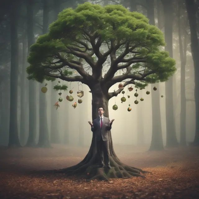 An investor nurturing a lush tree brimming with ripe fruits representing technical skills, symbolizing growth and evolution in the finance industry