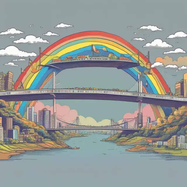 A vibrant rainbow bridge linking programming languages like Java, Python, and C++, reflecting diverse technical proficiencies