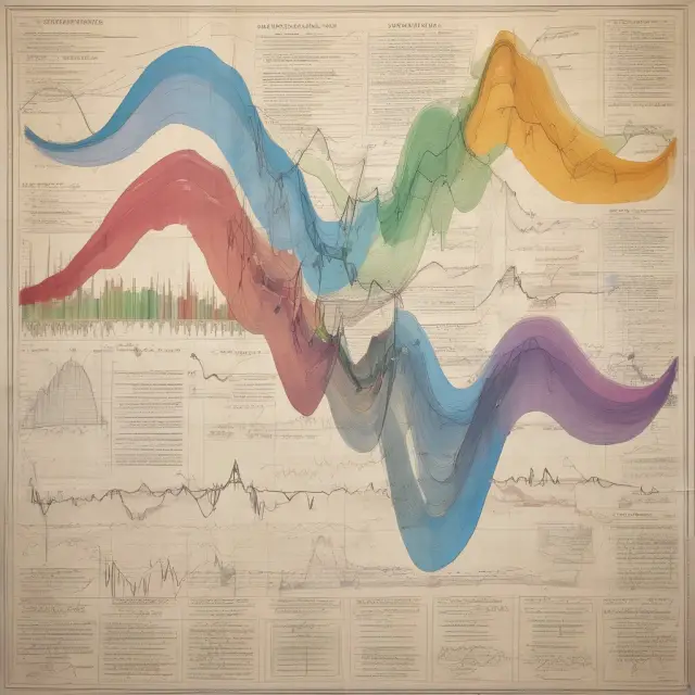 An image of a stock market chart displaying technical indicators, trendlines, channels, moving averages, momentum indicators, oscillators, and price trends