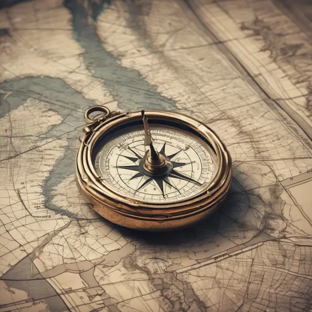 A wise navigator holding a chart with technical indicators (moving averages, oscillators, and RSI) acting as compass points guiding investment decisions