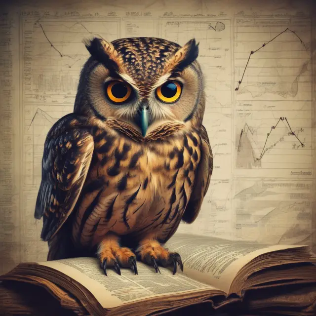 Wise owl studying market trends with multiple parchments representing diverse technical indicators and timeframes