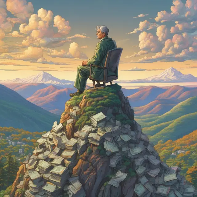 A wise technocrat evaluating financial data on a mountain peak, symbolizing informed decision-making and economic stability.