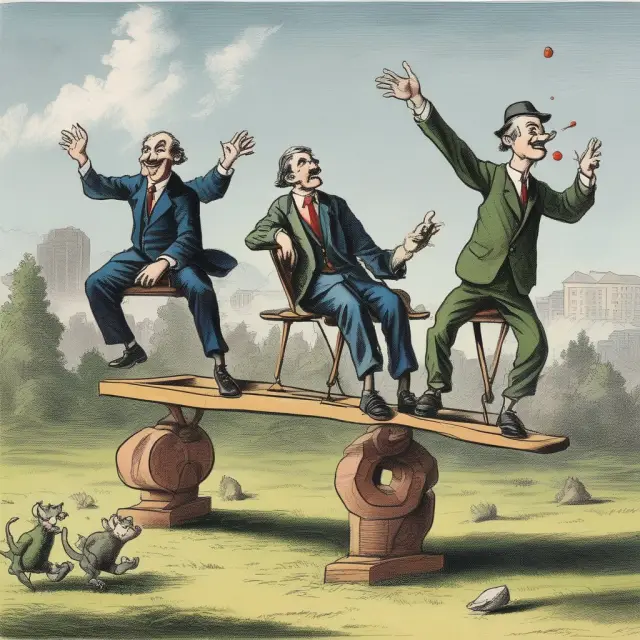 An image of technocrats balancing on a see-saw, representing the delicate balance between their technical expertise and the public interest in finance and investment.