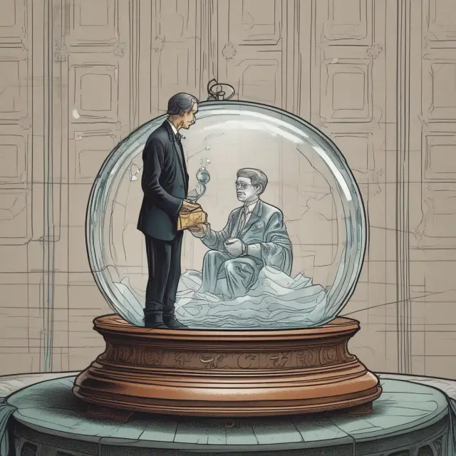 Central bankers shown in deep thought around a crystal ball, symbolizing their role as technocratic institutions making informed financial decisions for economic stability.