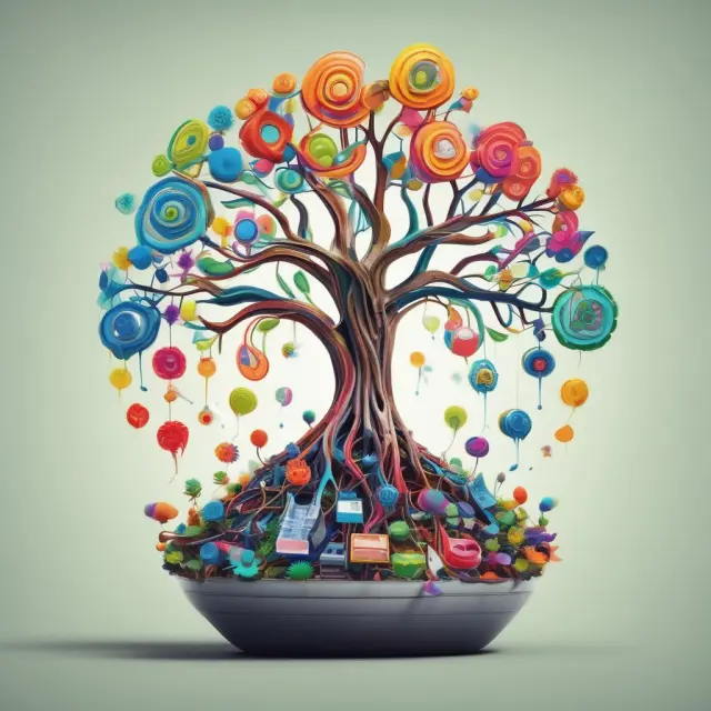 A tree filled with high-tech devices: semiconductors, laptops, smartphones, and media players, reflecting the growth and transformation of the Technology, Media, and Telecom (TMT) sector.