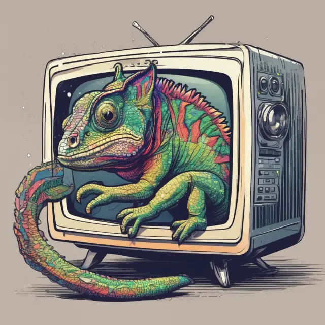 Chameleon transforming into various media platforms: TV, print, online, and social media