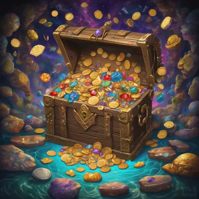 A treasure chest filled with golden coins, precious gems, and TMT company logos symbolizing mergers, acquisitions, and IPOs in the tech, media, and telecom industries