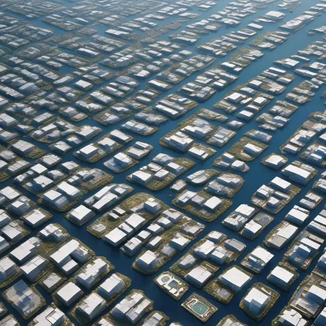 A silicon river flowing with microchips powers a bustling tech cityscape
