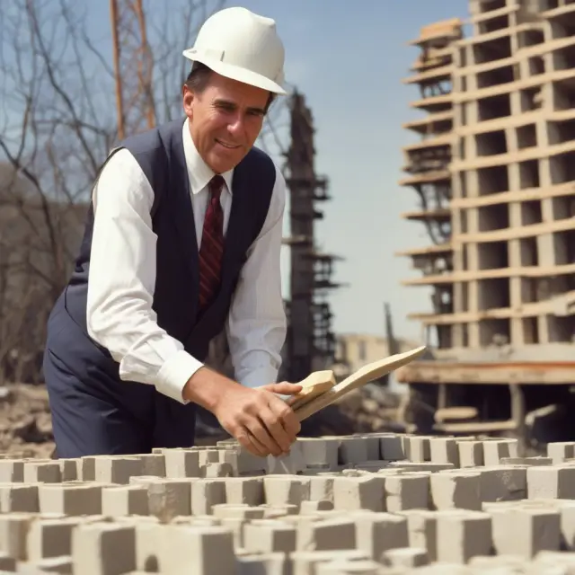 An image of Senator Bob Dole building the Tax Equity and Fiscal Responsibility Act (TEFRA) through construction-themed metaphor, emphasizing fiscal responsibility.