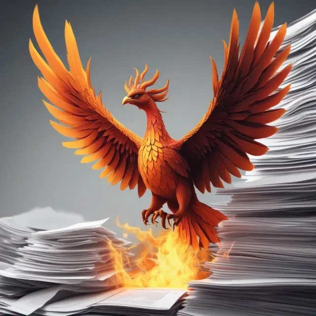 A mythical phoenix emerging from financial records and legislative papers, representing the lasting effect and transformation brought by the Tax Equity and Fiscal Responsibility Act (TEFRA)
